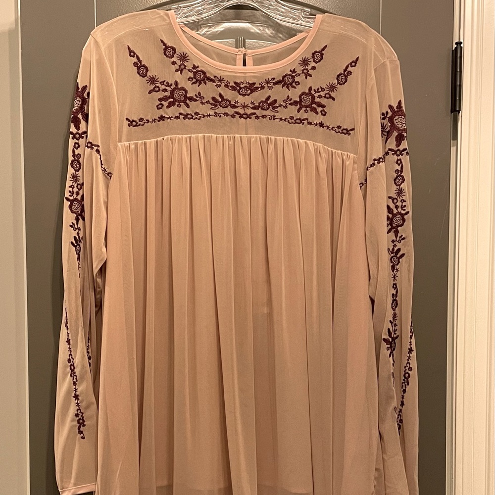 Entro sheer nude with wine embroidery top (NWT) Size L